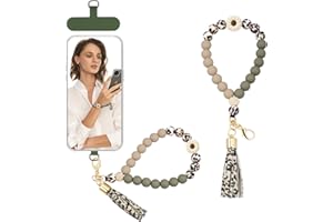 Dadanism Marble Silicone Beaded Phone Wrist Strap, Cellphone Lanyard with Tether Tab, Bracelet Strap for iPhone 16 and Most Smartphones, Elastic Hands-Free Phone Wristlet Strap, Daisy Leopard