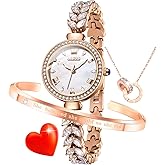 OLEVS Women Watch Set Shinning Diamond Rose Gold Elegant Luxury Ladies Dress Wrist Watches Necklaces & Bracelets