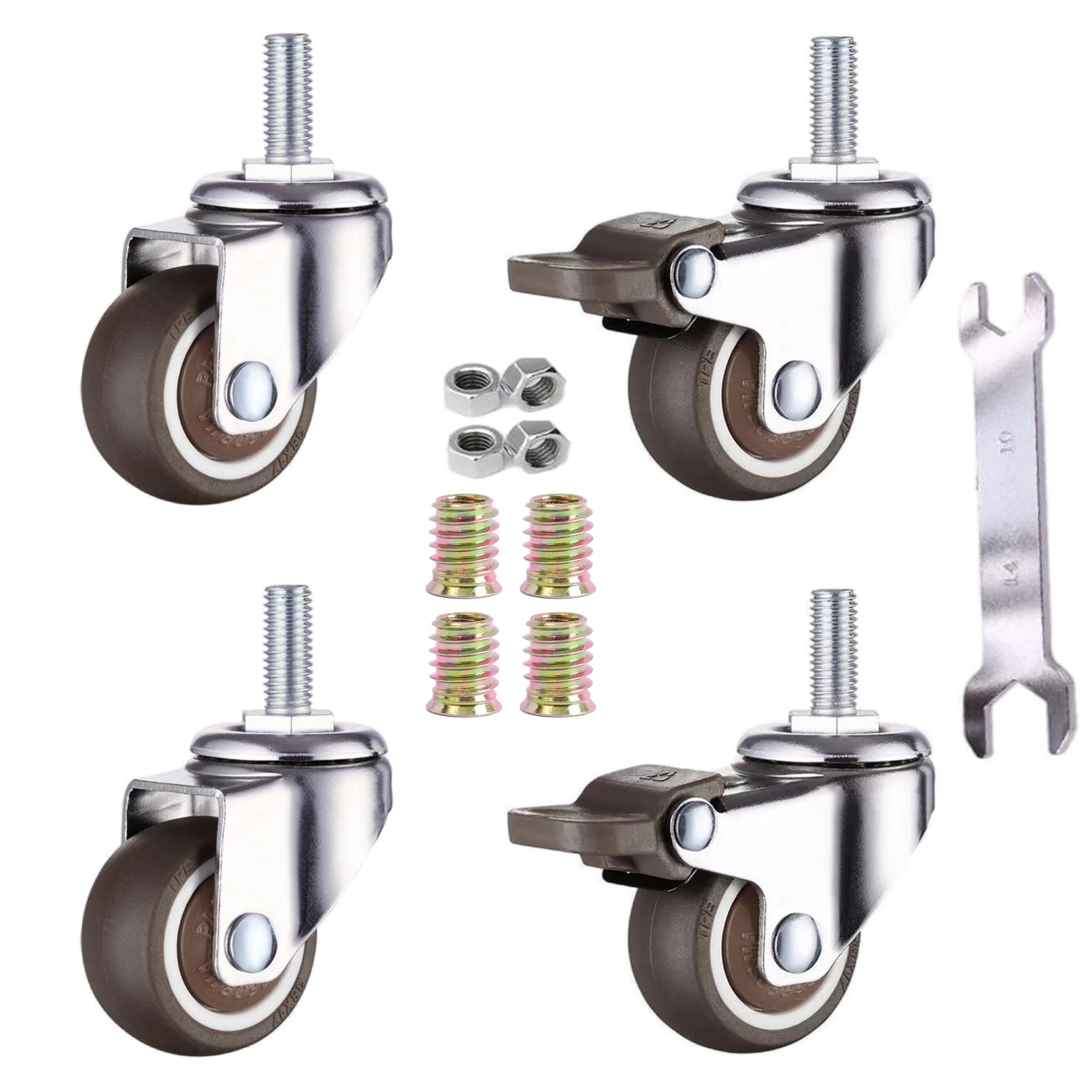 GEOCANG 4 x Small Furniture Castors 38mm Soft Rubber TPE Thread M8 x 20mm (2 Castors with Brake) (38mm)