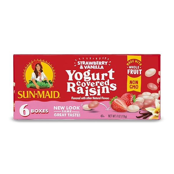 SUN-MAID STRAWBERRY & VANILLA YOGURT COATED RAISINS – (6 PACK) 1 OZ SNACK-SIZE BOX – YOGURT COVERED DRIED FRUIT FOR LUNCHES AND BACK TO SCHOOL SNACKS