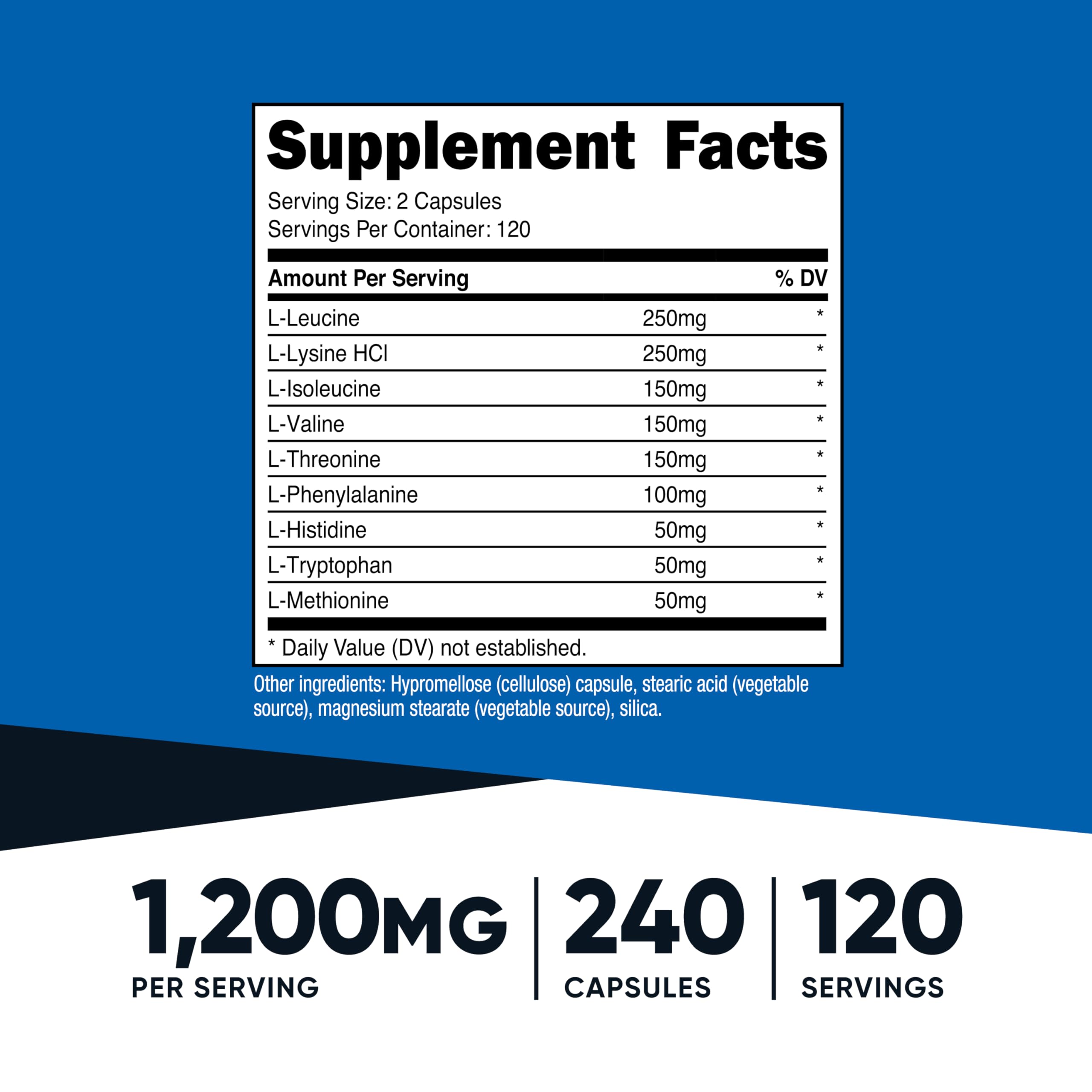 Nutricost EAA Capsules 1200mg, 240 Capsules - Essential Amino Acids, 120 Servings - Non-GMO, Gluten Free & Vegan