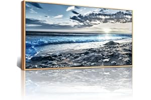 Lapremoly Wood Framed Canvas Wall Art For Living Room Large Wall Decor For Bedroom Modern Office Decor Blue Beach Sun Ocean Landscape Painting Prints Artwork Seascape Hang Pictures Home Decoration