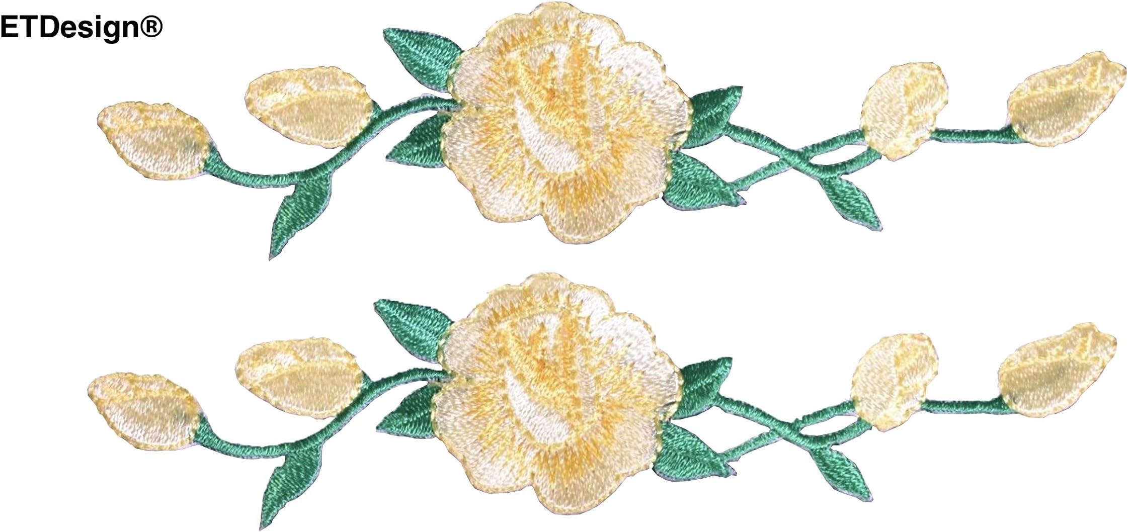 ETDesign Lot 2 Pcs Rose Flower Embroidery Iron On Flower Appliques Patch for Craft, Sewing, Clothing (1 1/8" x4 3/4" inch) (Yellow)