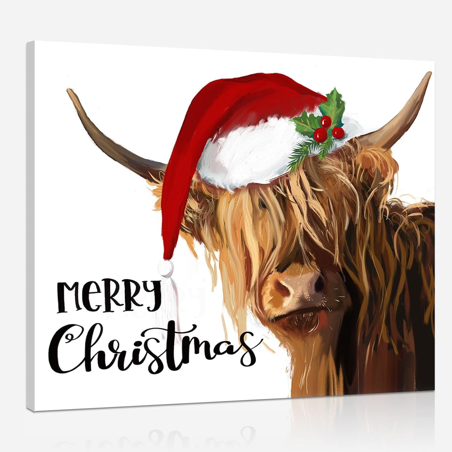 Wall Décor - YPY Highland Cow Canvas Wall Art: Merry Christmas Cow Decorations for Home - Red Hat Cow Picture Farmhouse Decor Cute Farm Animal Print Framed Poster for Bedroom Living Room 10