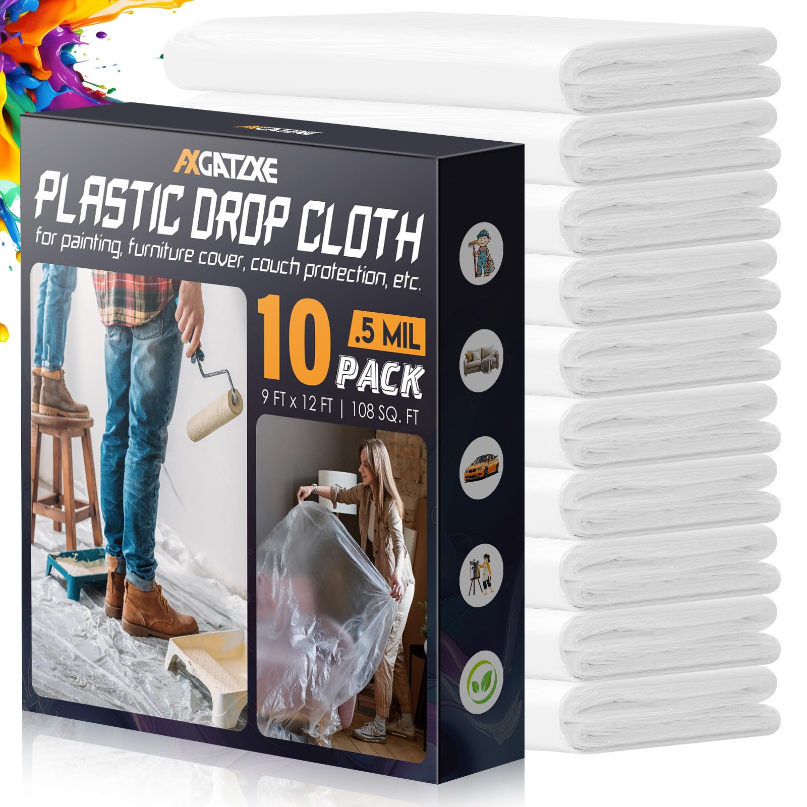 Photo 1 of 12 x 9 Ft Plastic Drop Cloths (10-Pack) - Disposable Painter's Sheeting & Tarps for Painting, Waterproof Furniture/Couch/Floor Protection