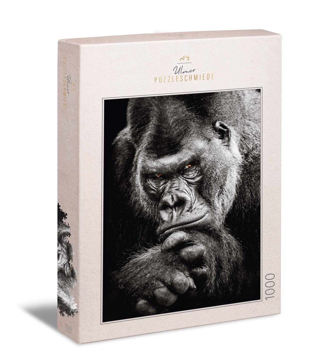 Ulmer Puzzleschmiede - 1000 Piece Puzzle "Silver Back" - Modern Photographed Black and White Animal Puzzle of the Great Ape - The Mighty Gorilla Poses with a Dark Look