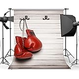 Gladbuy Vinyl 3X5FT Red Boxing Glove Backdrop Shabby Wood Plank Backdrops Whitewashed Stripes Wooden Floor Photography Background for Men Baby Sports Match School Game Photo Studio Props KX504