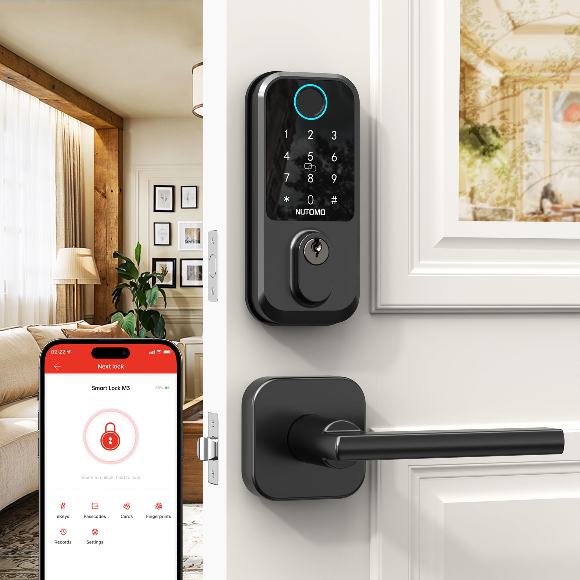 Photo 1 of Smart Front Door Lock Set: NUTOMO Keyless Entry Fingerprint Deadbolt with Handle Set Digital Keypad Door Locks Alexa APP Remote Control Auto Lock Black