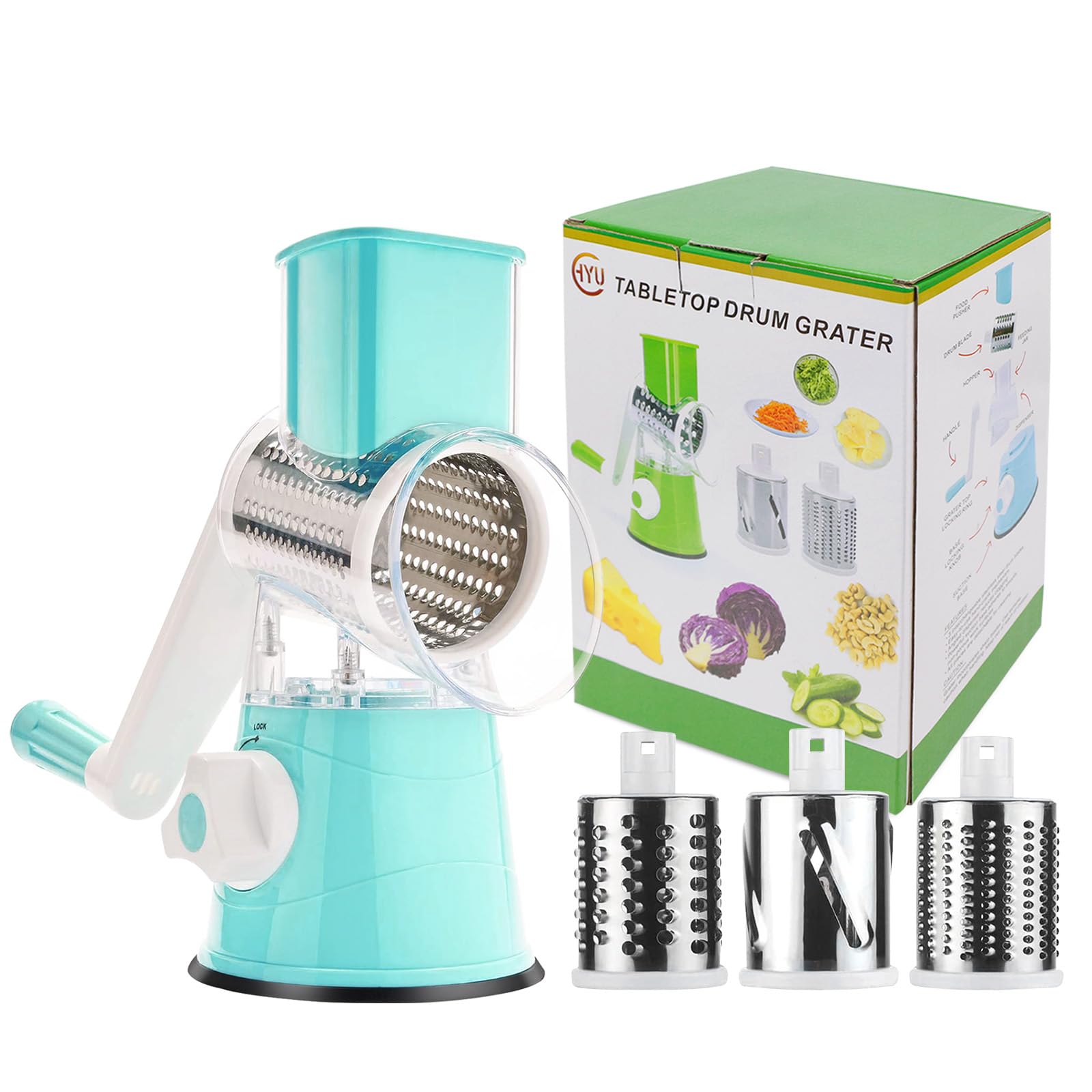 Photo 1 of 3rd Generation Rotary Cheese Grater, Mandoline Vegetable Slicer with 3 Replacement Blades, Easy to Clean Rotary Shredder for Fruit, Vegetables