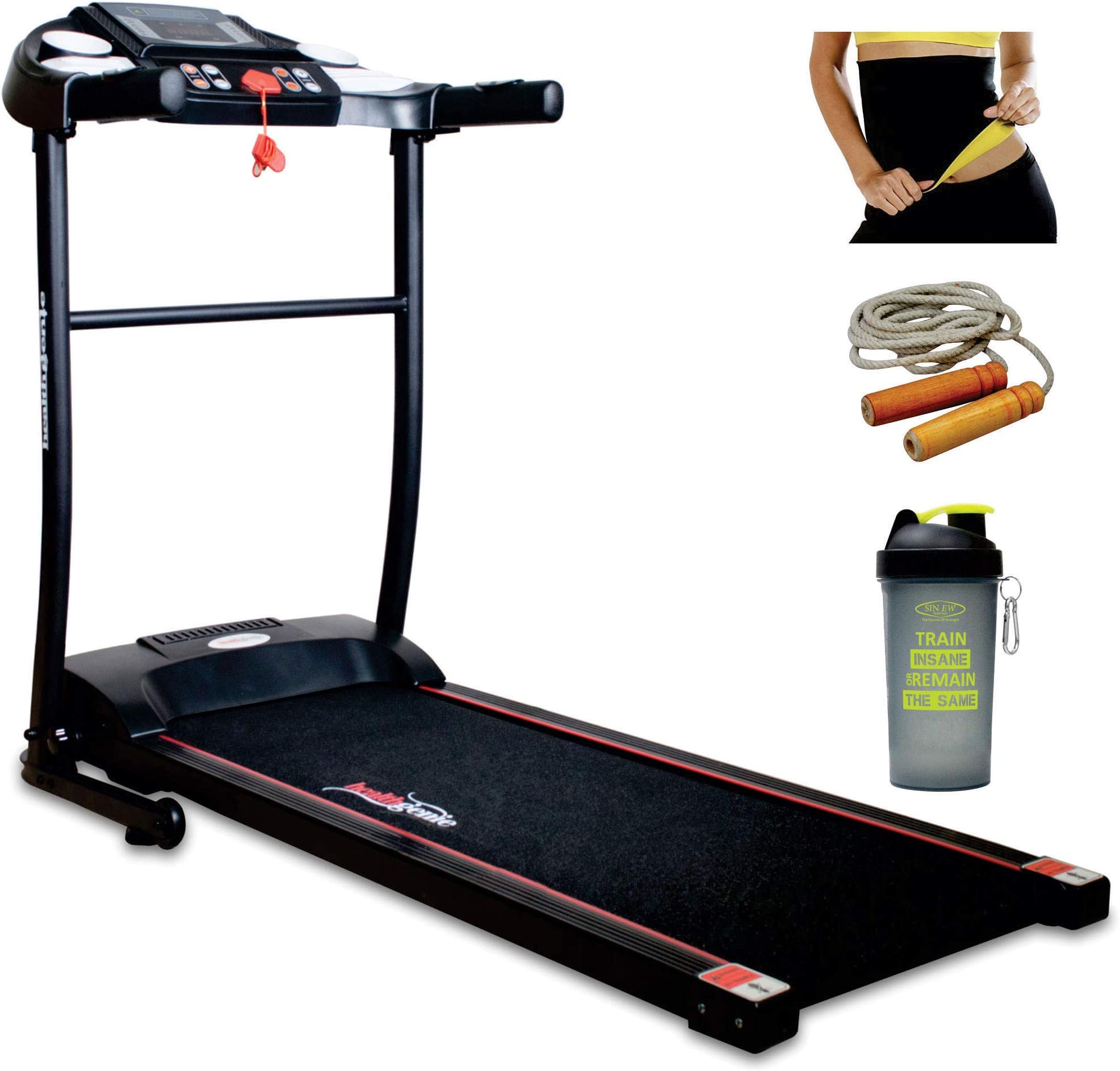 Healthgenie 4in1 Motorized Treadmill 3911M 1.0HP (2.5 HP at Peak) with Skipping Rope, Slimming Belt, Shaker for Home Use & Fitness Enthusiast, Max Speed 10 Kmph