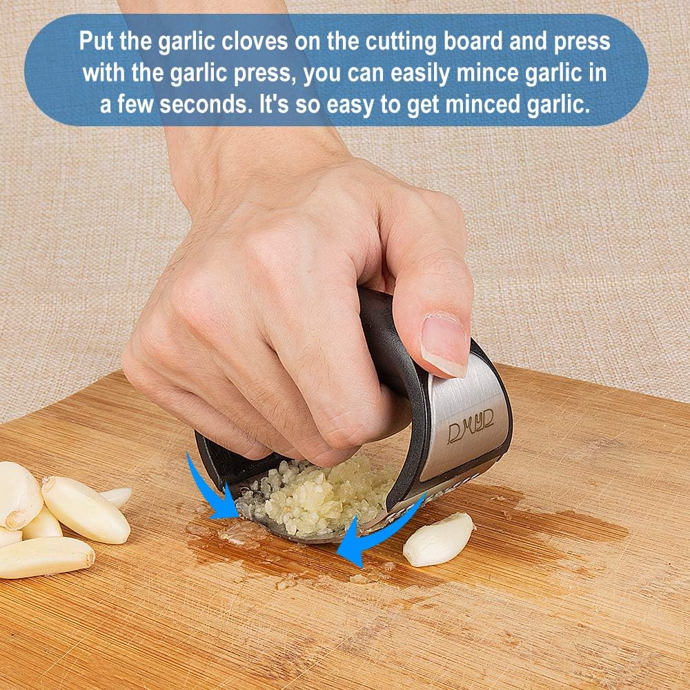 DXYD Garlic Press Rocker, New Kitchen Stainless Steel Garlic Mincer Crusher, Matching Stainless Steel Dessert Spoon and Silicone Roller Peeler and Cleaning Brush: Kitchen & Dining