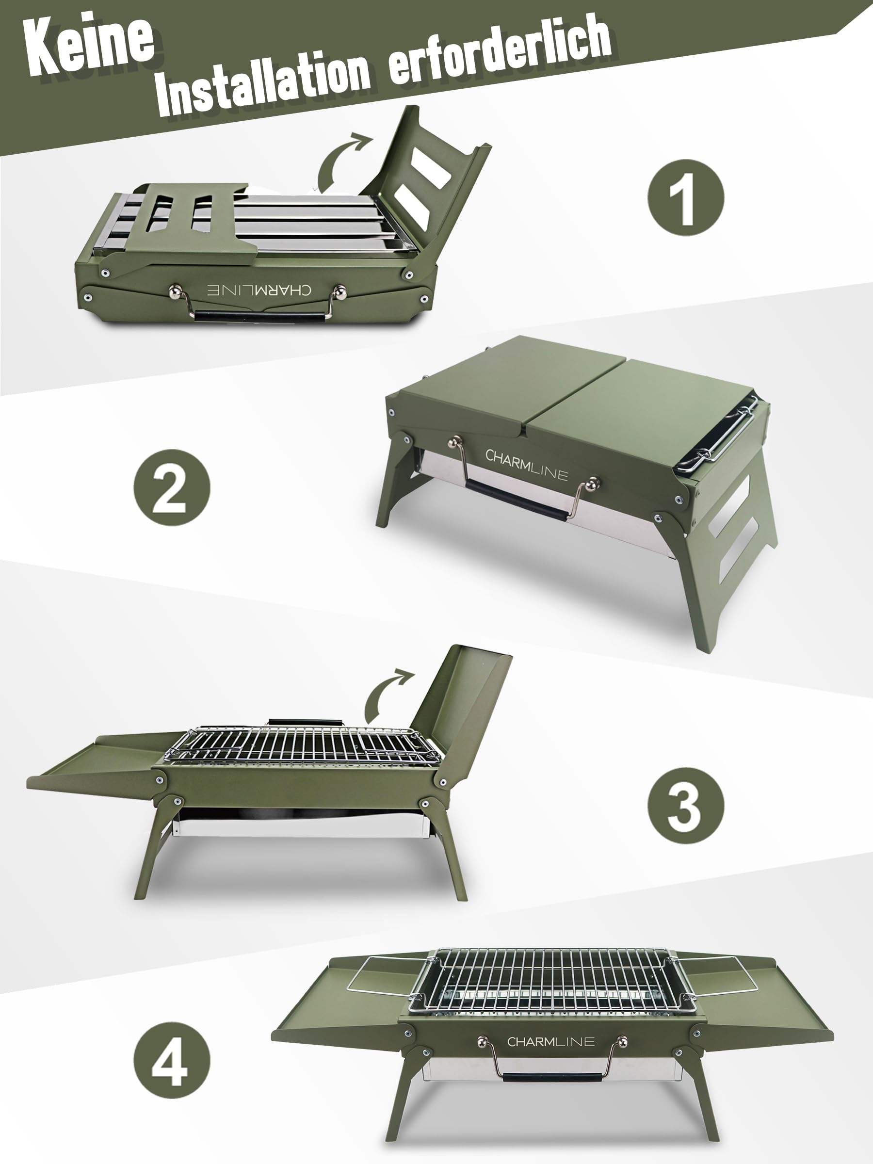 Charmline Tragbarer Holzkohlegrill, Klappbarer Campinggrill 35 x 23 cm für 1–3 Personen, Mini BBQ Grill für Balkon, Garten, Camping, Picknick und Strand, Grün 2