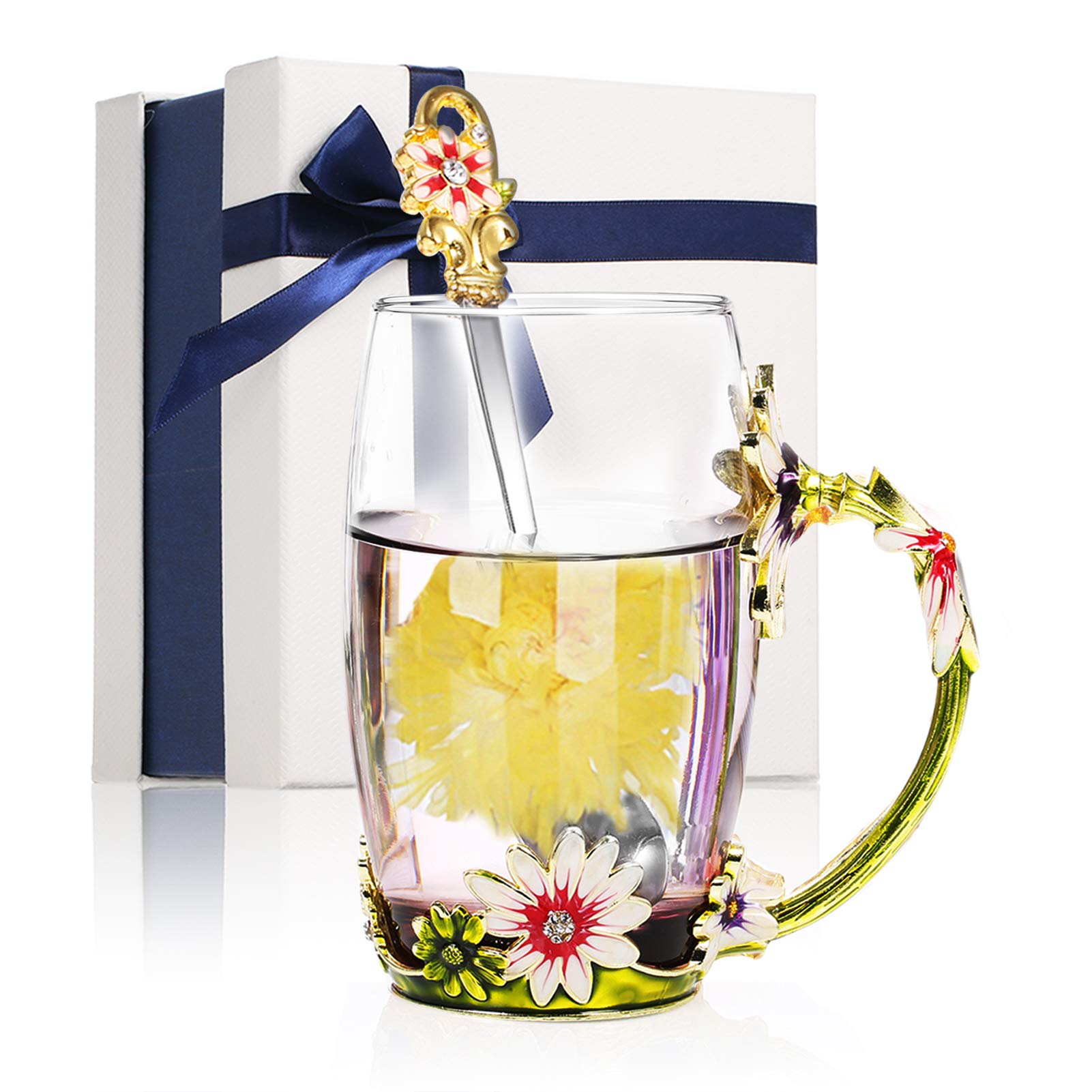 Decdeal Enamel Glass Mug, Flower Tea Cup Lead-Free Coffee Mug with Spoon&Cleaning Cloth&Gift Box,Gifts for Mum,Wife,Girl,Teacher on Birthday,Valentine's Day,Mother's Day,Wedding Anniversary,Christmas