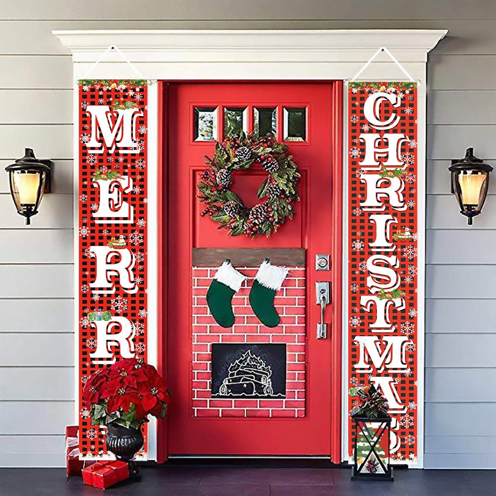 FECEDY Merry Christmas Hanging Banner Porch Sign with Pattern Christmas Tree Presents Snow Banner for Home Yard Indoor Outdoor Wall Door Christmas Party Decorations 72