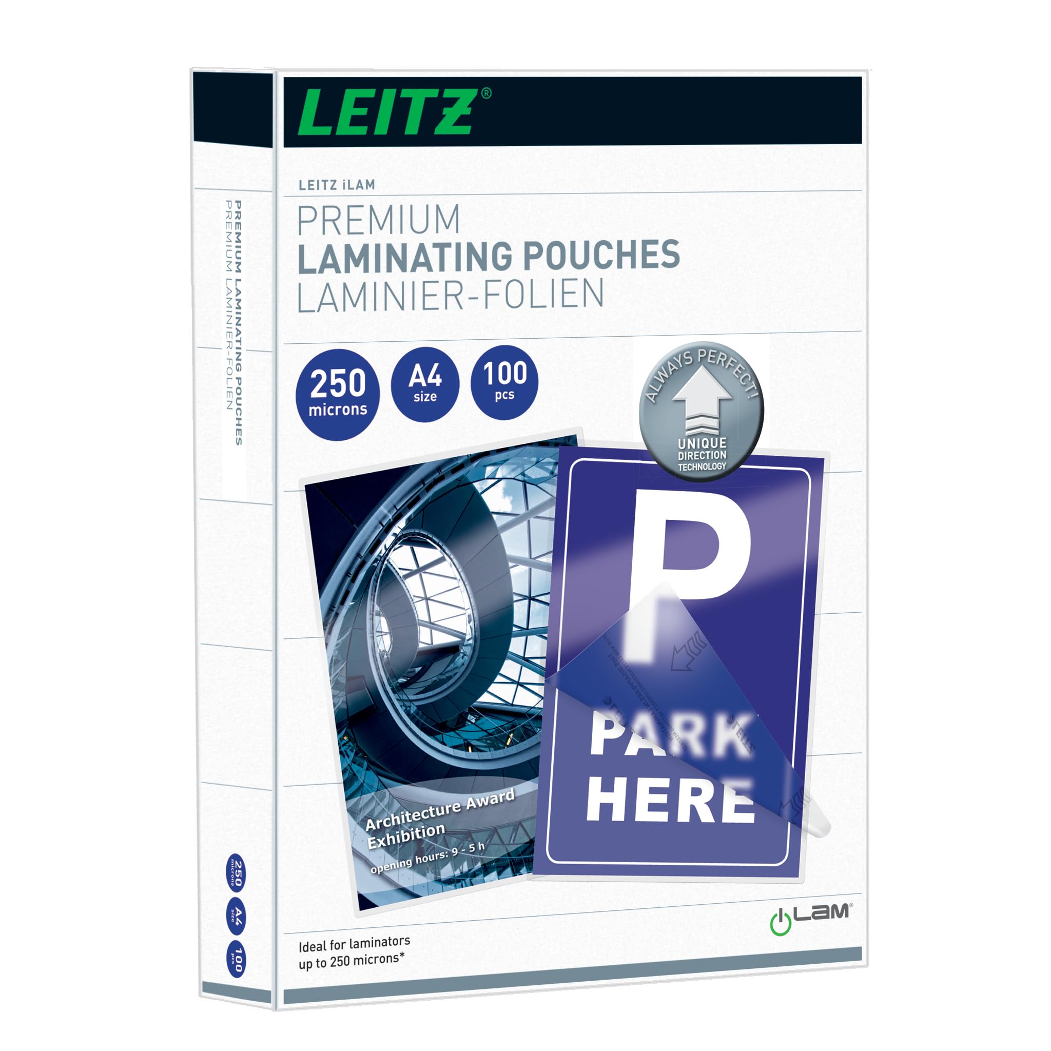 Leitz 74840000 Laminating Pouches Made of 250 Micron Thick Material (Transparent, Glossy, A4 and UDT) - Pack of 100