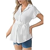 MakeMeChic Women's Maternity Blouse Short Sleeve Collar Belted Button Down Pregnancy Shirt
