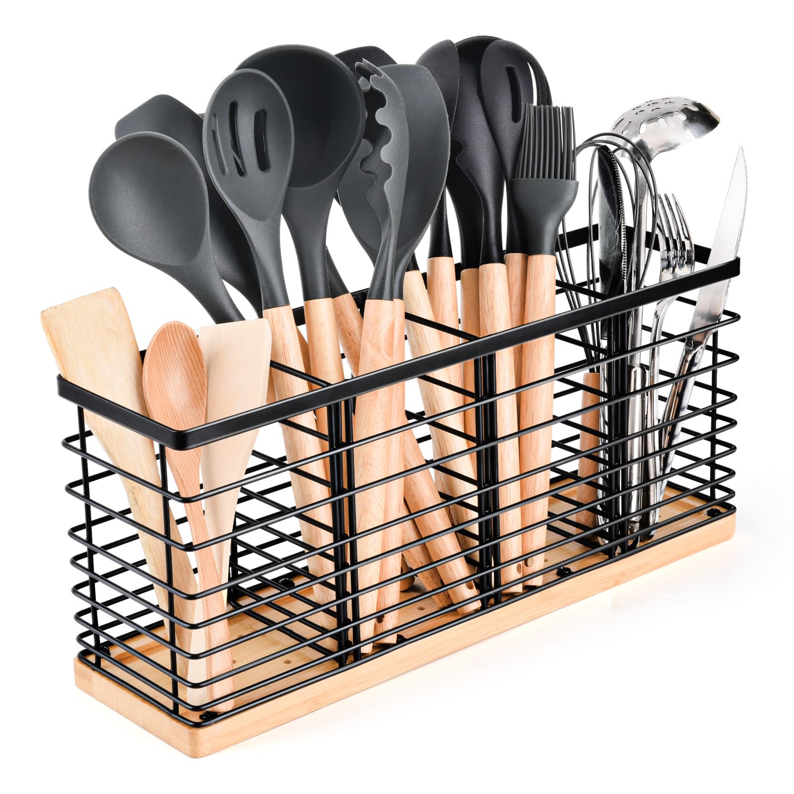Gflyyue Large Utensil Holder for Kitchen Counter, Large Black Stainless Steel Utensil Crock with Wooden Base,Anti-Slip Mat, 4 Compartments, Kitchen Utensil Holder Organizer (Four)