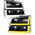 GORWARE Headlights for Silverado 2003 2004 2005 2006 2007, with LED DRL Tube + Sequential Switchback, Black Headlights Housing Assembly with Black Housing Clear Lens Clear Reflector