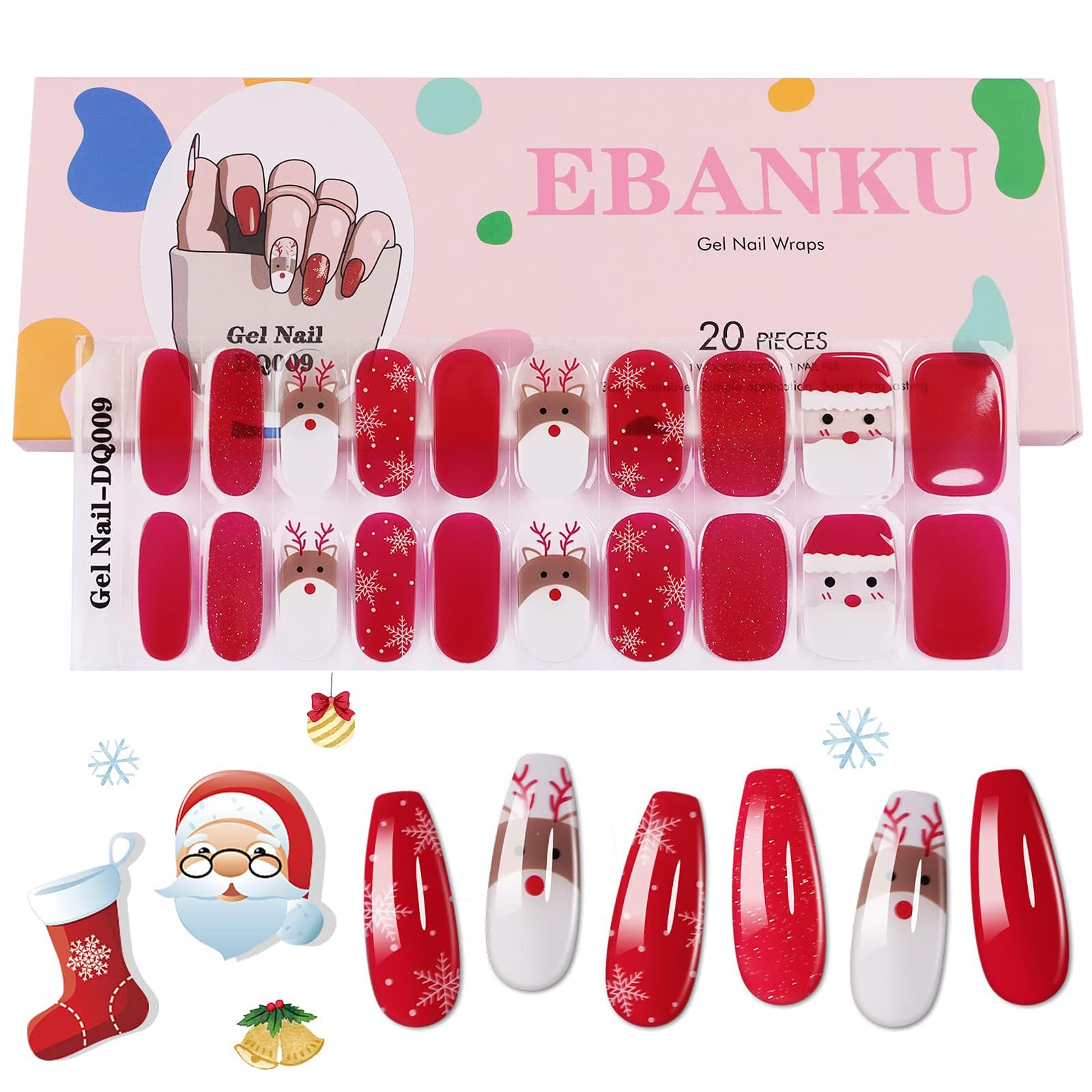 EBANKU Christmas Semi Cured Gel Nail Strips, 20PCS Christmas Nail Stickers - Long Lasting, Easy to Apply & Remove for Salon Quality Manicure | Red Santa Elk — image 1
