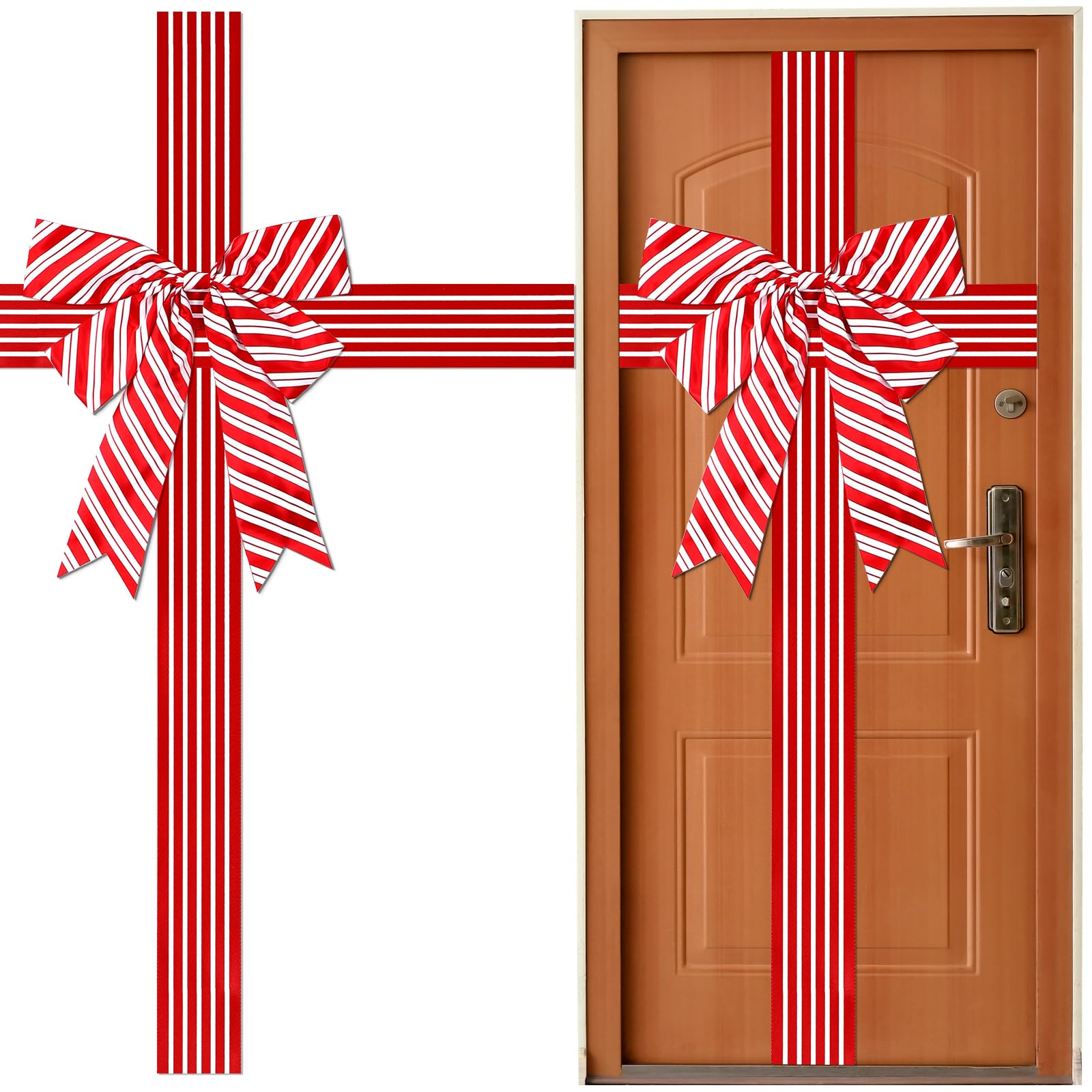 Photo 1 of 1 Pc Christmas Cabinet Door Ribbon Bow Large Christmas Wreath Bow Red and White Stripe Festival Wrapping Decorations Xmas Candy Cane Bows for Tree Fireplace Home Holiday Front Door Party Supplies