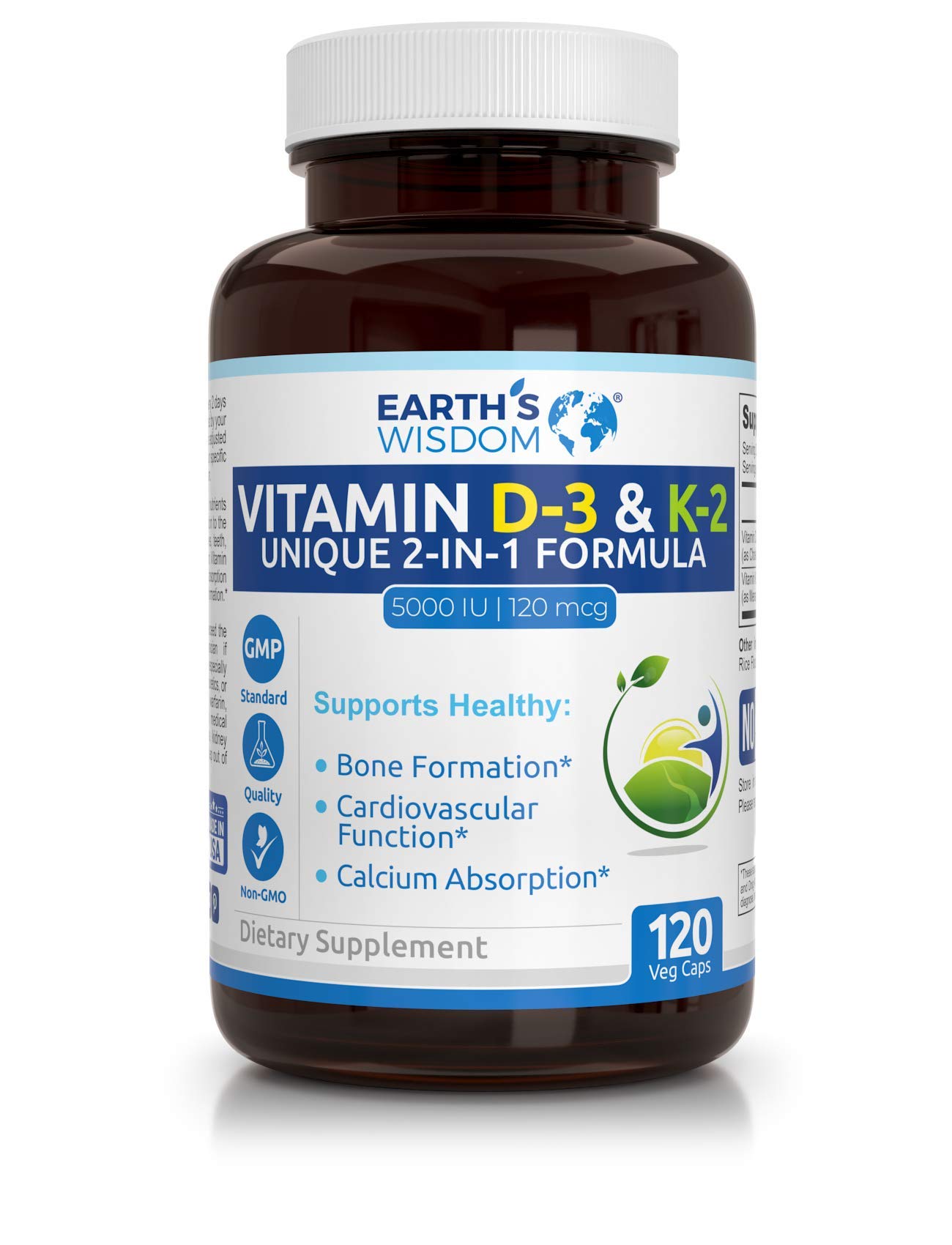 Earths Wisdom Vitamin D3 5000 IU with K2 (MK7) Formula. Bone & Heart