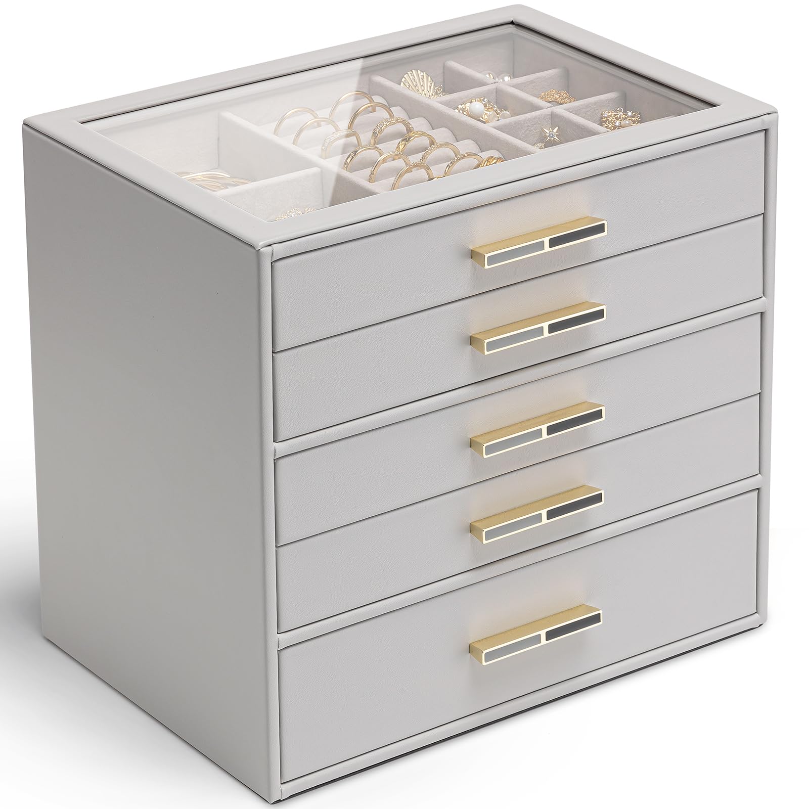 Vlando 5 Layer Jewelry Box for Women, Glass Lid Jewelry Organizer with 5 Drawers for Necklaces Rings Earrings Bracelets - Grey Image