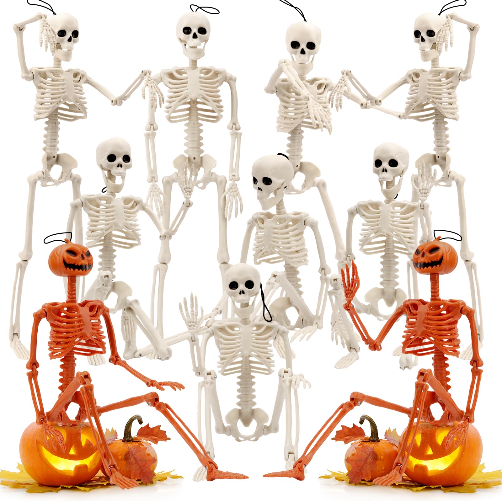 Photo 1 of 10 PCS Halloween Skeleton 16 Inches, Full Body Posable Hanging Skeleton with Movable Joints for Halloween Party Decor Indoor and Outdoor Spooky Scary Yard Lawn Garden Patio Haunted House