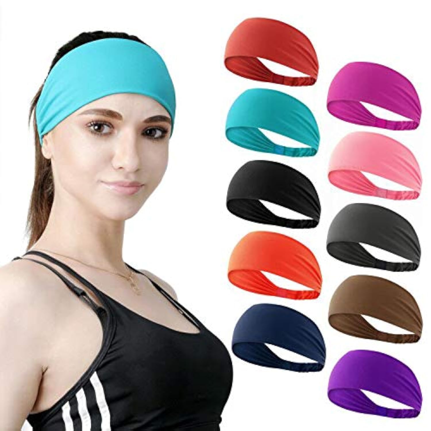 DASUTA Workout Headbands for Women Sports Sweatbands Yoga Hairbands for Fitness Elastic Athletic Non Slip Wicking Headscarf for Men Womens and Girls 10 PCS (Style 4-10 Color)