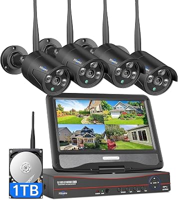 Hiseeu [16CH Expandable] 2.4G/5G Wireless Pro Security Camera System, 10.1" LCD 8MP Monitor, Wired Plug-in Powered 4Pcs 5MP Outdoor Indoor Cameras, One-Way Audio, Waterproof, Motion Detection, 1TB HDD