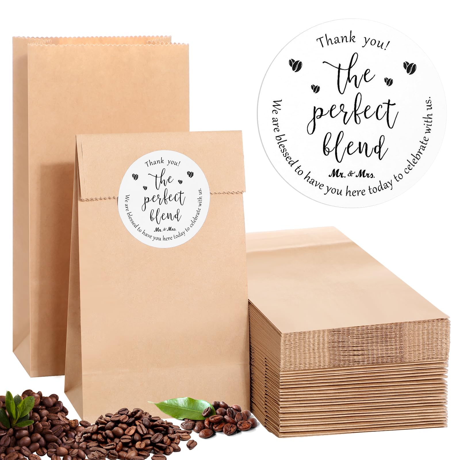 Photo 1 of 100 Sets Wedding Favor Coffee Bean Bags for Guests - Rustic Brown Kraft Paper Treat Bags With 100 Stickers for Candy Buffet, Cookie, Snack - Party Favor for Bridal Shower