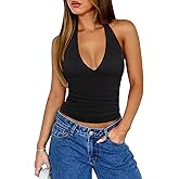 REORIA Womens Halter Tank Tops Double Lined Basic Cami Shirts Sexy Backless Y2K Trendy Going Out Tops