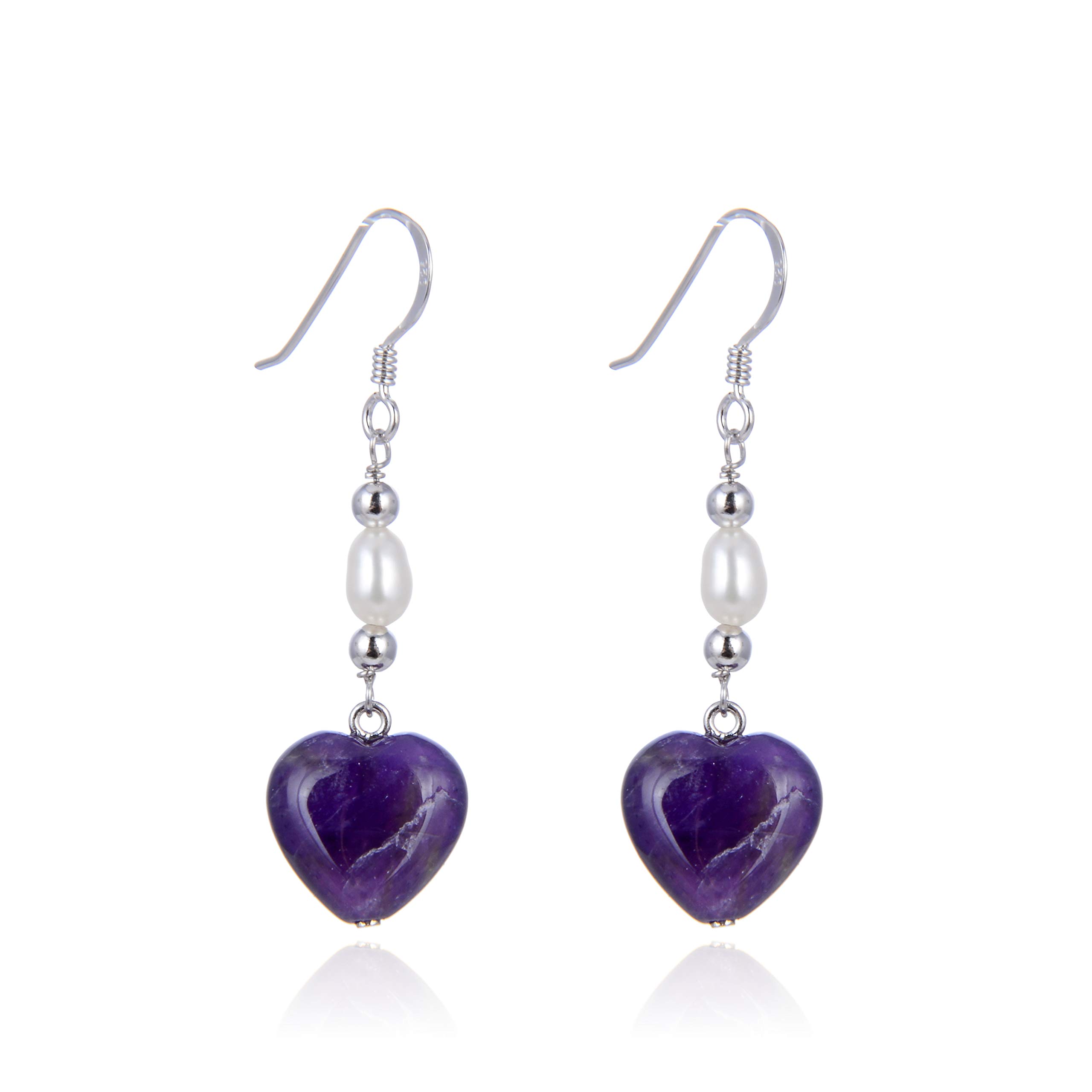 Jo & Co. Amethyst, Pearl and Sterling Silver Drop Earrings, Amethyst Heart, Sterling Silver Beads and White Oval-Shaped Freshwater Pearl,Rhodium Plated 925 Sterling Silver, Attractively Priced