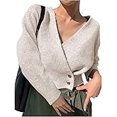 WDIRARA Women's Wrap V Neck Sweater Button Front Long Sleeve Crop Knitted Top