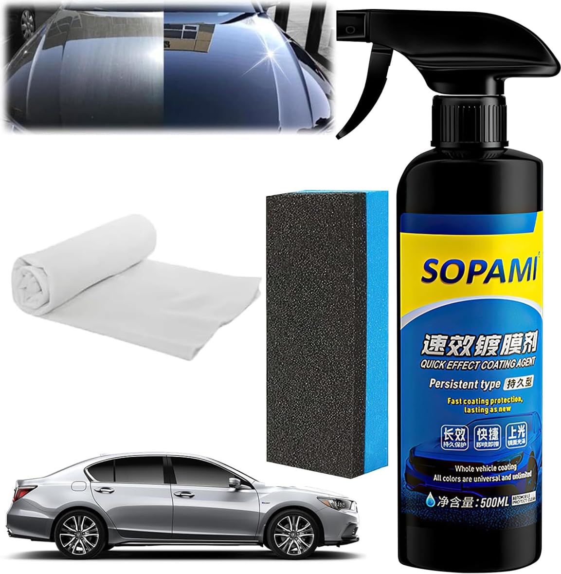 Photo 1 of Car Coating Spray Set, Quick Effect Coating Agent, Quickly Coat Car Wax, Scratch Wax Polish Spray Extremely Hydrophobic, Oil Film Emulsion Glass Cleaner (1PCS+Sponge+Cloth)