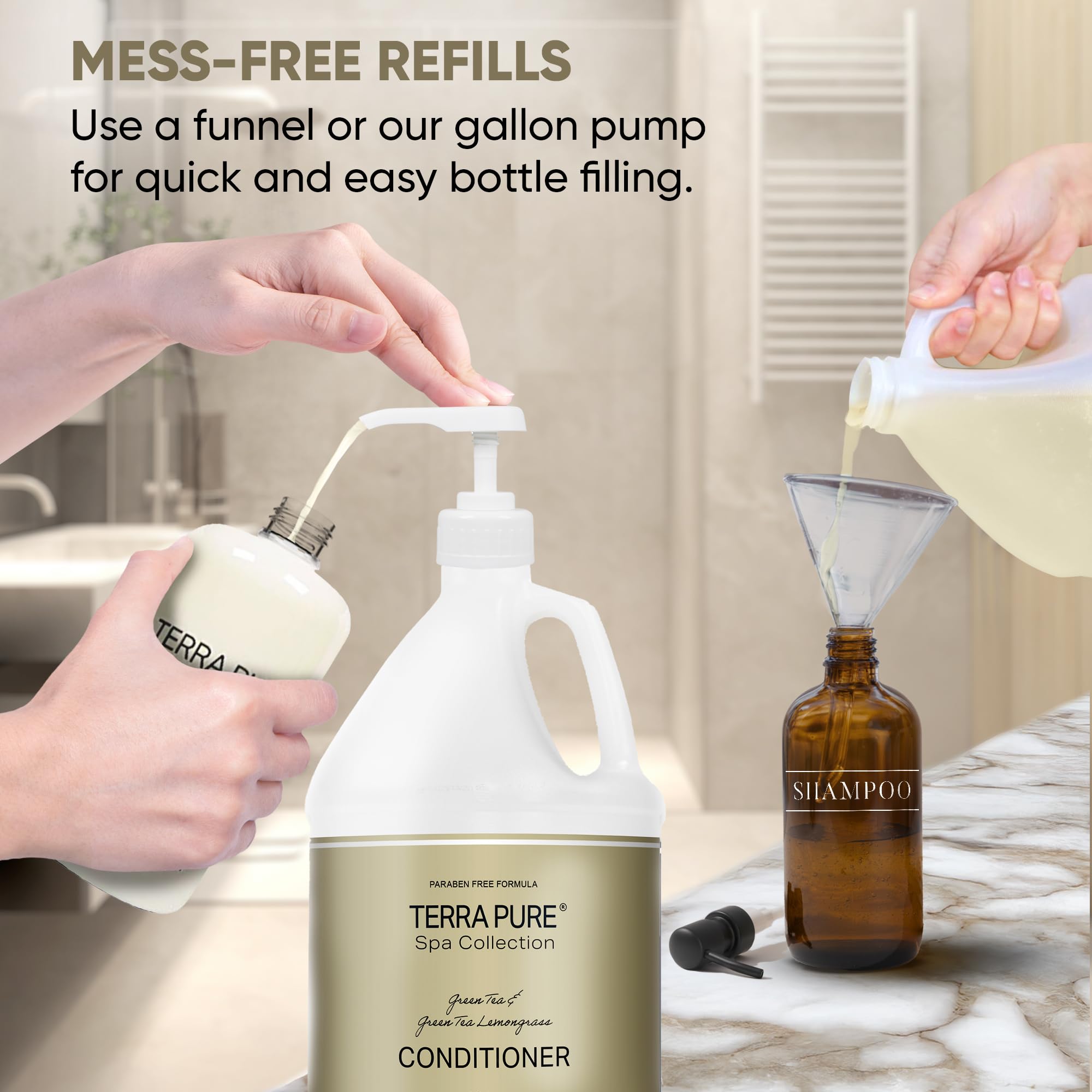 Spa Collection Gallon & Dispenser Set | 1-Shoppe Amenities Kit | Shampoo, Conditioner, Body Wash | Refillable 10.14 oz Pump Bottles