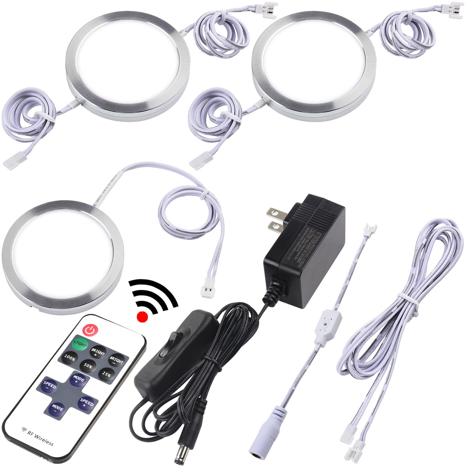 Photo 1 of Lvyinyin Under Counter Lights, Curio Cabinet LED Puck Lighting, 110V Wall Plugged in, Wireless RF Remote Control Dimmable, Daisy Chained Linkable, Dia 2.4", White Cords, Daylight 6000K, 3 Lights