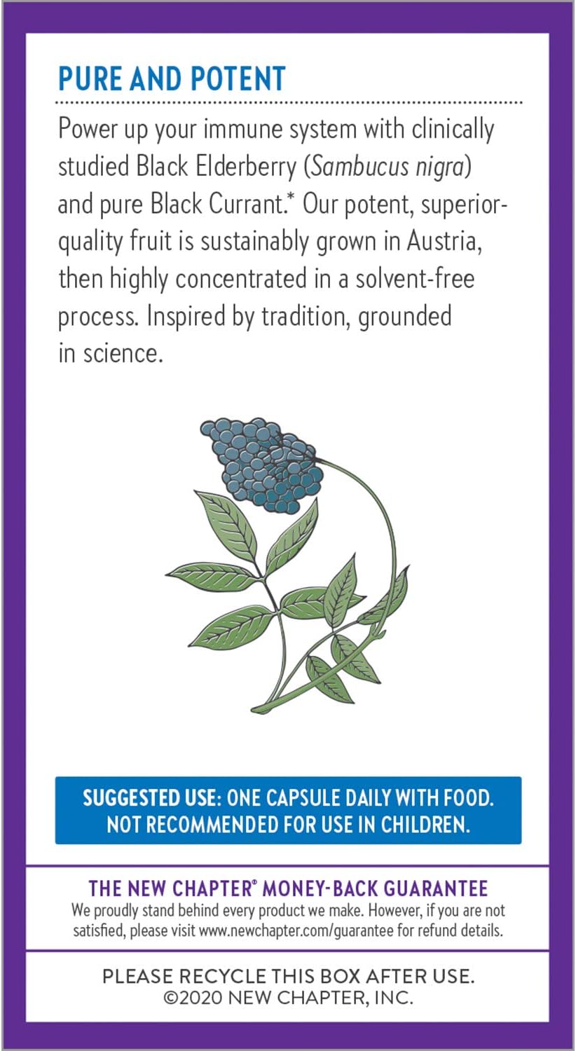 New Chapter Elderberry Capsules, Elderberry Force, with 64x Concentrated Black Elderberry + Black Currant for Immune Support, No Added Sugar, Gluten Free, Vegan - 30 Count: Health & Personal Care
