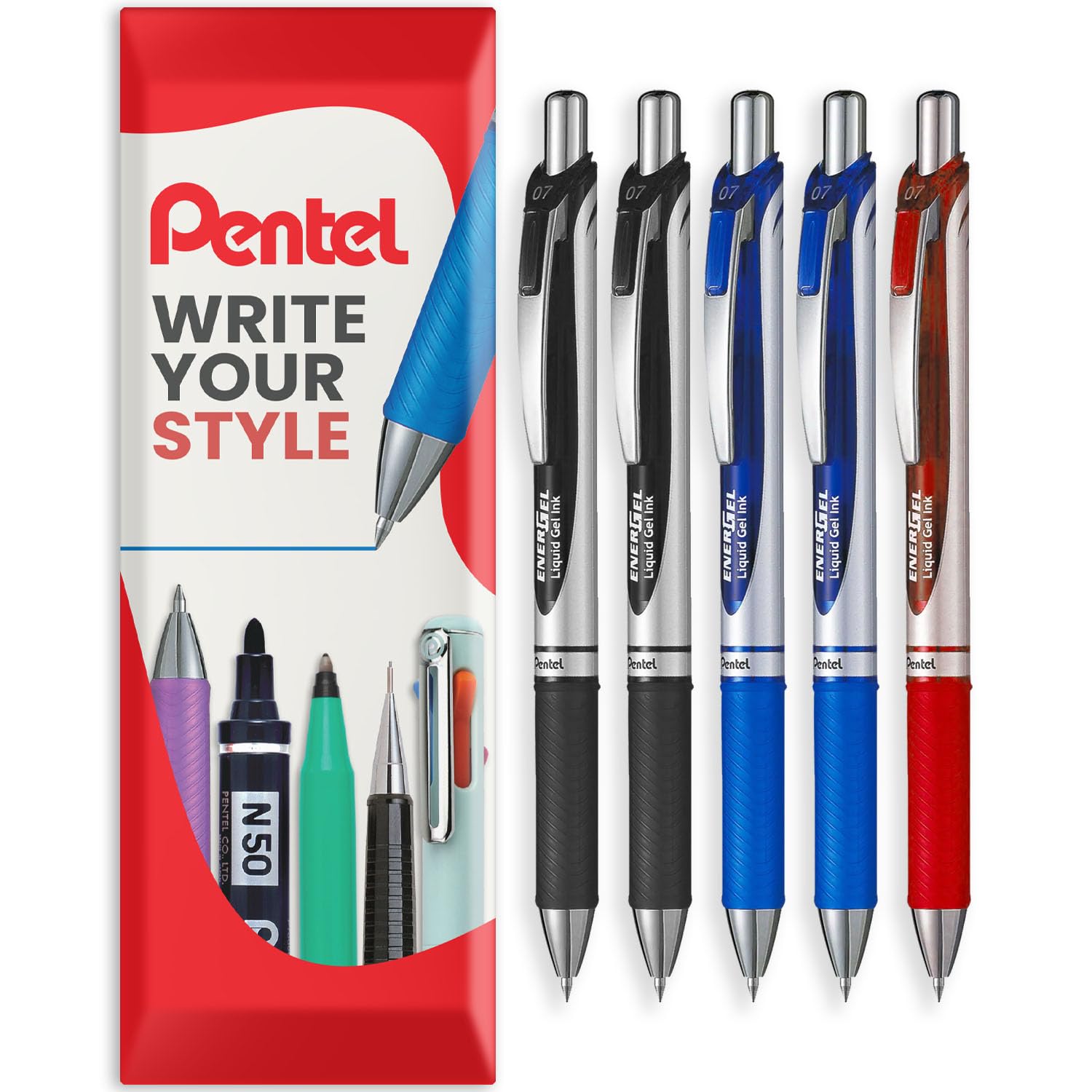 Pentel EnerGel XM BL77 - Retractable Liquid Gel Ink Pen - 0.7mm - 54% Recycled - In Envelope Gift Packaging (Essential Pack of 5)