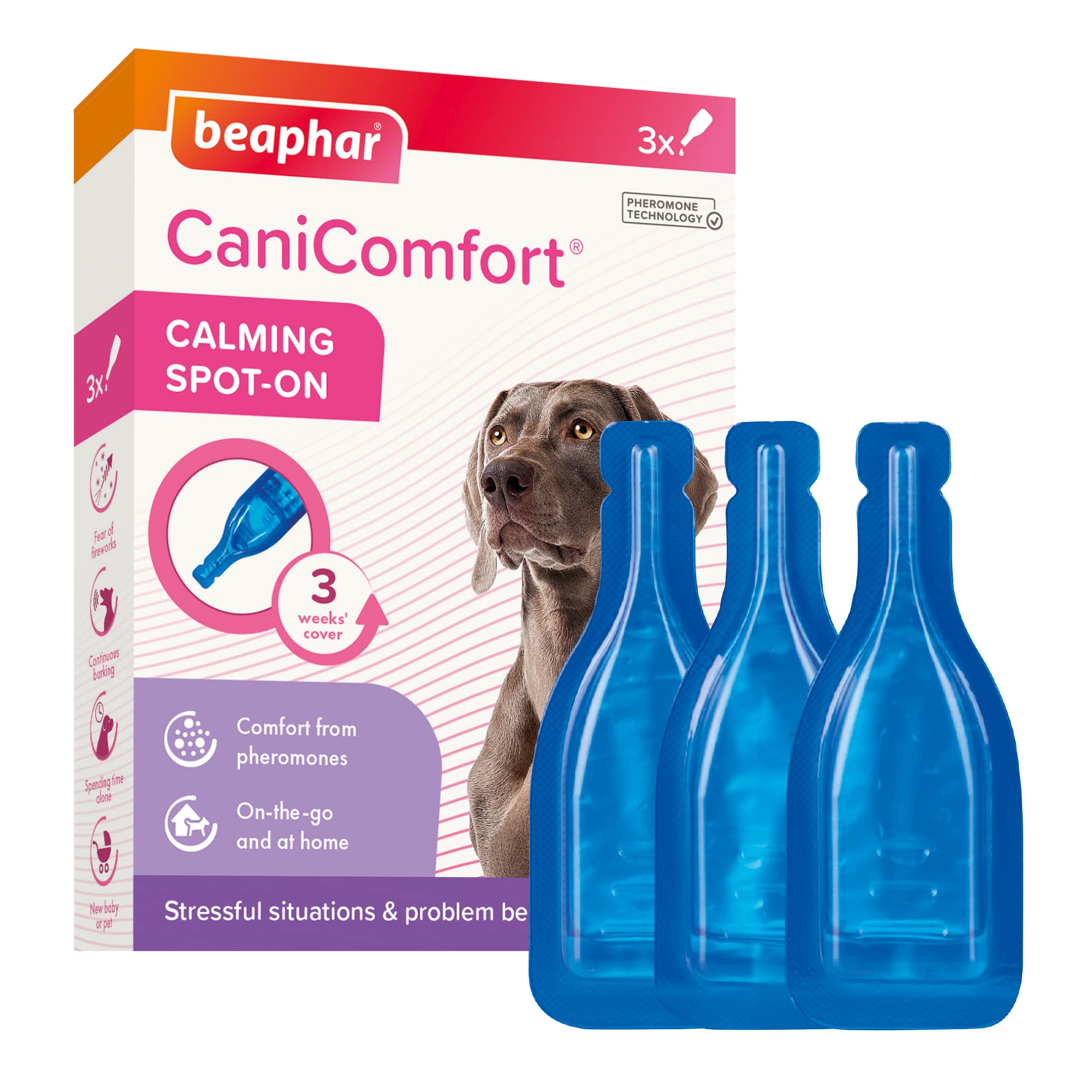 Beaphar | CaniComfort Calming Spot-On for Dogs | Reduces Anxiety & Stress | Fast-Acting | Starts to Work in 15 Minutes | Ideal for Short-Term Events like Fireworks | 3 Pipettes