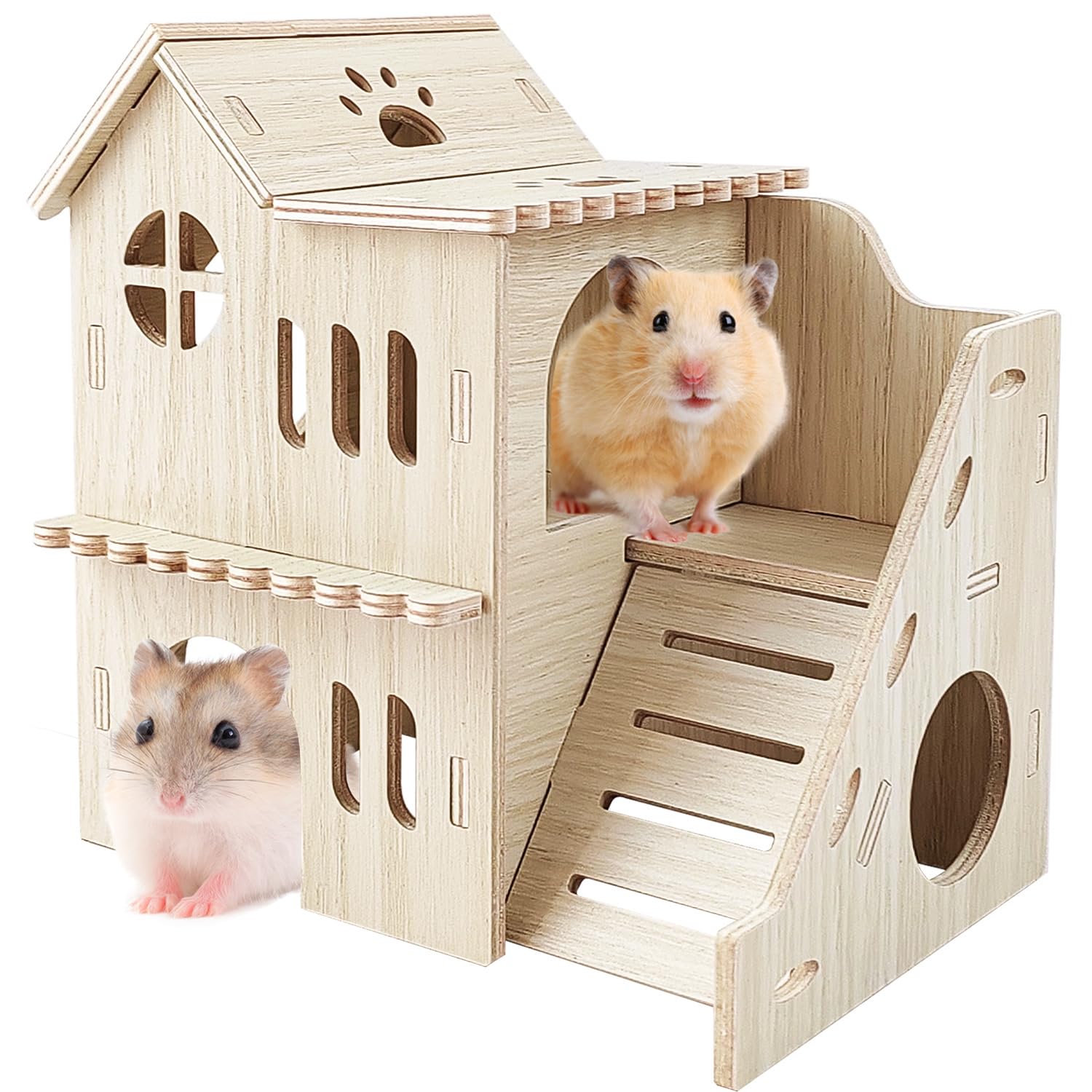 Highland Farms Select Hamster House - Double-Decker Hut With Slide, Guinea Pig Castle, Cage Accessories, Small Animal Habitat Decor