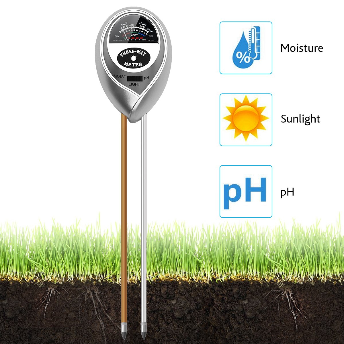 VDROL Soil PH Meter, 3 in 1 Soil Acidity Reader Light PH Moisture Meter Säuretester Pflanzenöltester Kit for Garden, Utilities, Agriculture, Indoor and Outdoor Use (No Battery Required)