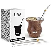 Ufist Yerba Mate Cup Set, Include Stainless Steel Double-Wall Mate Gourd with 2 Bombilla Straws and Cleaning Brush, 7.8oz Capacity (Wood Grain)