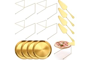 Yiyiring 12 Pcs Pizza Pan Riser Stands Sets Includes 4 Metal Pizza Table Stands 4 Pizza Pan and 4 Wood Handle Pie Server, Pizza Rack Stand Pizza Tray for Pizza Dessert Cheese Baking (Gold,Classic)