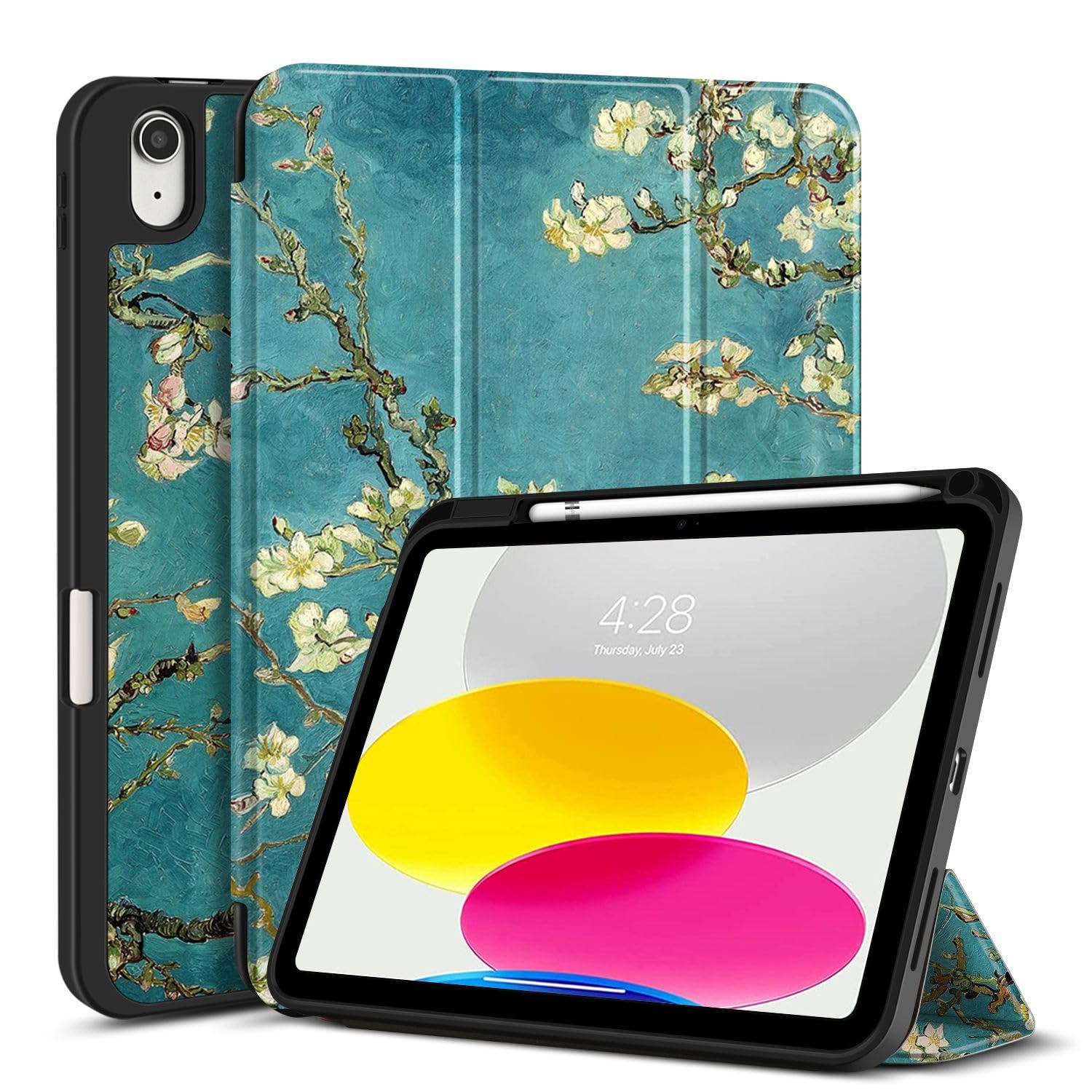 TNP Case for iPad 10th Generation Case 2022-10.9 inch iPad Case with Pencil Holder and Trifold Smart Stand Cover - Protective TPU Case for 10th Gen iPad, Auto Sleep/Wake, Almond Blossom - Van Gogh
