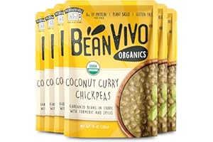 BeanVIVO (Pack of 6) Organics Plant based Coconut Curry Chickpeas - Good Source of Fiber - Nutritious & Microwave Meals - Gluten-Free Plant Food - 10 oz