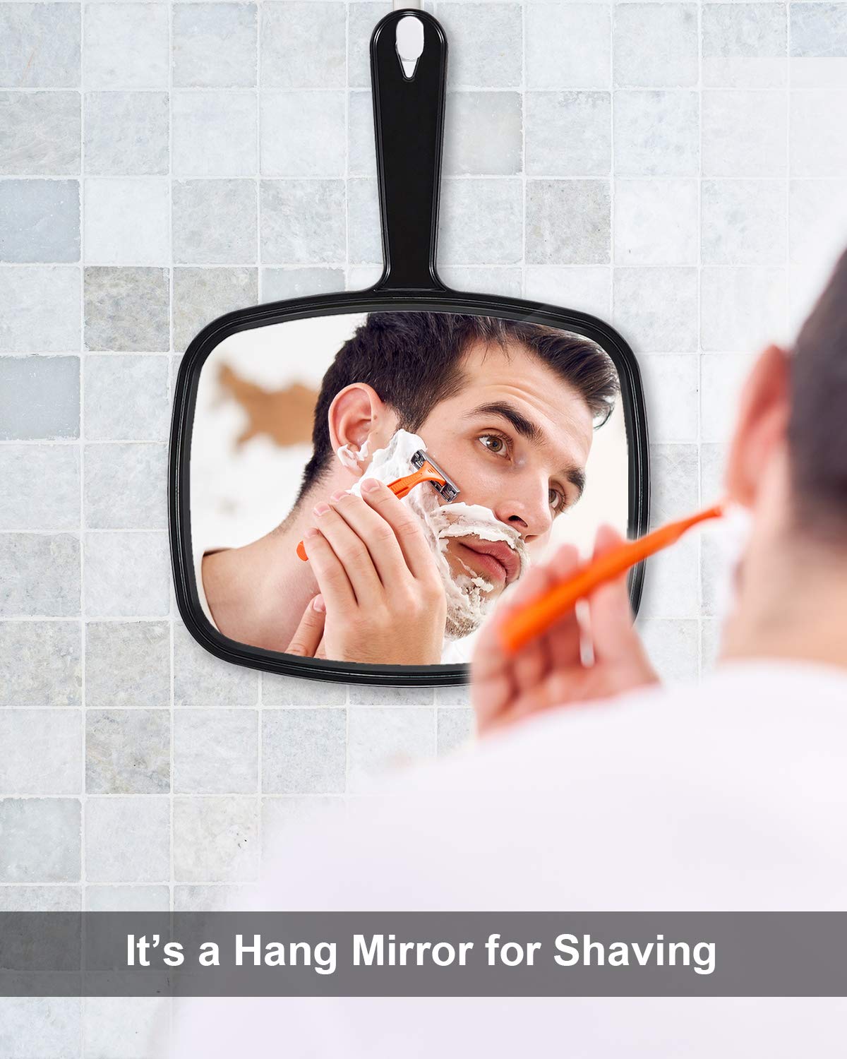 PROTECLE Large Hand Mirror, Salon Barber Hairdressing Handheld Mirror with Handle (Square Black 10.3