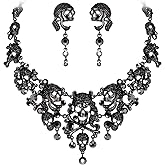 EVER FAITH Austrian Crystal Vintage Style Halloween Skull Bone Cross Necklace Earrings Set