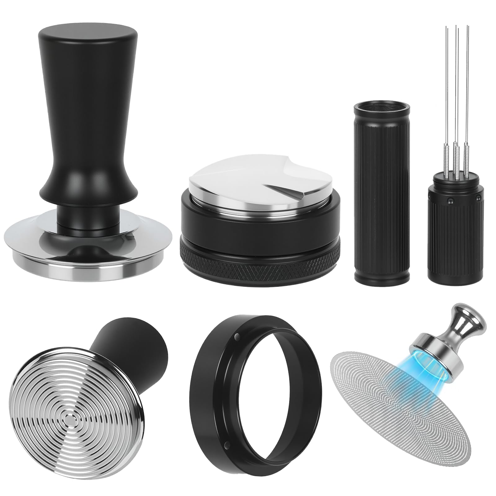 Photo 1 of 53mm Espresso Accessories Kit – Spring-Loaded Espresso Tamper, WDT Tool, Coffee Distributor, Magnetic Dosing Funnel, Puck Screen with Remover   – Premium Stainless Steel & Aluminum Espresso Tools