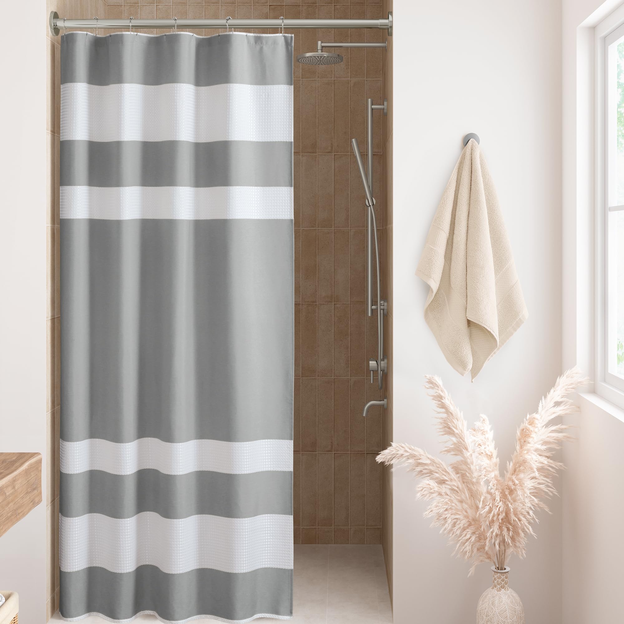 Madison Park Shower Curtain Waffle Weave Striped Pieced Design Fabric Shower Curtain with 3M Scotchgard Moisture Management Premium Spa Quality Modern Shower Curtains for Bathroom Stall 54"x78" Grey