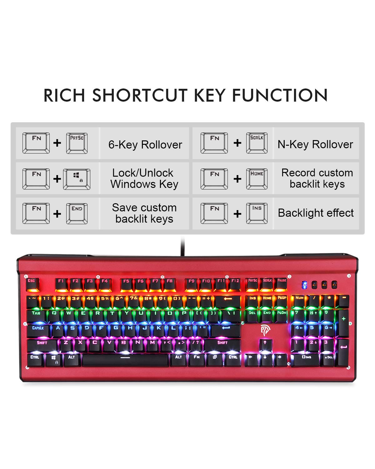 EasySMX SI-2029 Mechanical Keyboard Blue Switch LED Customizable Backlight 50 Million Keystrokes Key Life N-Key Rollover with 104 Keys and 11 Multimedia Shortcut Keys for PC Gamers